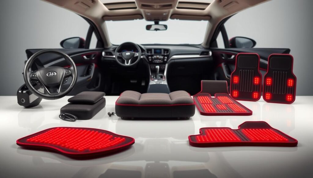 A well-lit, studio-style image comparing various heated car accessories. In the foreground, an array of products laid out on a clean, reflective surface - a heated steering wheel cover, heated seat cushion, and heated floor mats, each showcased individually. The middle ground features a sleek, modern car interior as the backdrop, emphasizing the integration and functionality of the accessories. The lighting is soft and diffused, creating a sense of warmth and premium quality. The overall composition is balanced and visually appealing, allowing the viewer to easily compare the different heated accessories side-by-side.