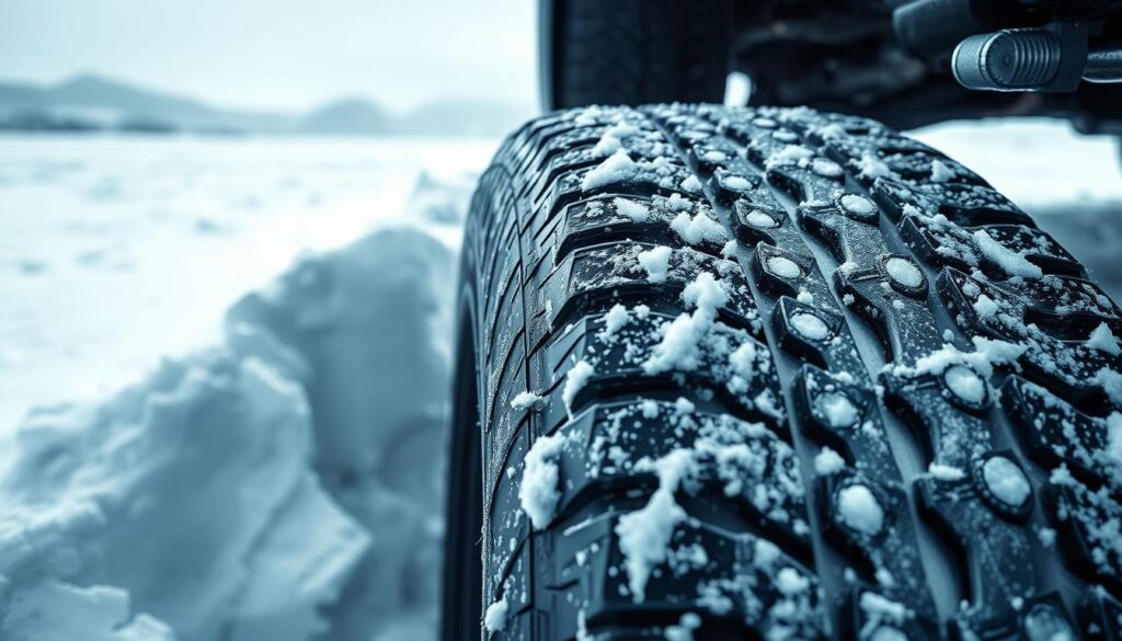 Crisp, high-contrast image of a performance winter tire treading through deep snow and ice, with a glossy, wet surface. The tire should be the central focus, filling the frame, with only a hint of the vehicle's undercarriage visible in the foreground. In the background, depict a snowy, overcast landscape with subtle hints of a mountainous horizon. Utilize cool, muted tones to evoke a sense of the harsh winter environment. Employ realistic lighting and shadows to accentuate the tire's grooves and texture, conveying its impressive grip and durability on treacherous terrain.